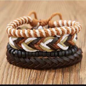 4 men's bracelets leather layered stacked braided‎ beaded New e92